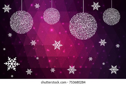 Dark Pink vector low poly crystal background with snowflakes. Polygon christmas design pattern . Low poly illustration of New Year celebration.