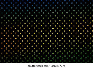 Dark pink vector pattern with symbol of cards. Shining illustration with hearts, spades, clubs, diamonds. Design for ad, poster, banner of gambling websites.