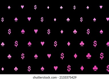 Dark pink vector pattern with symbol of cards. Colorful gradient with signs of hearts, spades, clubs, diamonds. Design for ad, poster, banner of gambling websites.