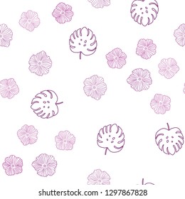 Dark Pink vector seamless abstract pattern with flowers, leaves. Leaves, flowers in natural style on white background. Texture for window blinds, curtains.