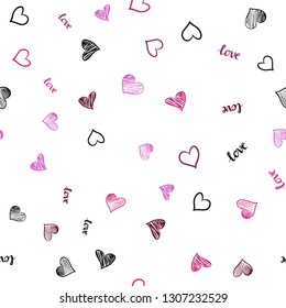 Dark Pink vector seamless backdrop with phrase LOVE YOU, hearts. Design in doodle style with text LOVE YOU, hearts. Design for textile, fabric, wallpapers.