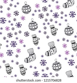 Dark Pink vector seamless background with xmas snowflakes, balls, socks, mittens. Colorful decorative design in xmas style. Design for wallpaper, fabric makers.