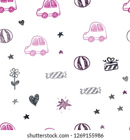 Dark Pink vector seamless background with xmas attributes. Illustration with a gradient toy car, heart, baloon, tulip, candy, ball. Pattern for carnival, festival ads.