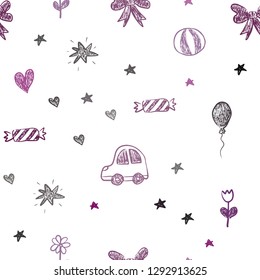 Dark Pink vector seamless background with xmas attributes. Abstract illustration with a toy car, heart, baloon, tulip, candy, ball. Design for colorful commercials.