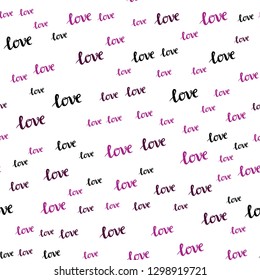 Dark Pink vector seamless background with words of love. Colorful illustration with quote LOVE  in celebration style. Pattern for trendy fabric, wallpapers.