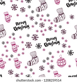 Dark Pink vector seamless cover with beautiful snowflakes, balls, socks, mittens. Shining colorful illustration in christmas style. Pattern for trendy fabric, wallpapers.