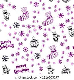 Dark Pink vector seamless cover with beautiful snowflakes, balls, socks, mittens. Shining colorful illustration in christmas style. Template for business cards, websites.