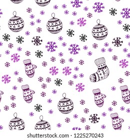 Dark Pink vector seamless cover with beautiful snowflakes, balls, socks, mittens. Colorful illustration with xmas symbols. Pattern for trendy fabric, wallpapers.