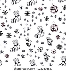 Dark Pink vector seamless cover with beautiful snowflakes, balls, socks, mittens. Colorful illustration with xmas symbols. Pattern for design of fabric, wallpapers.