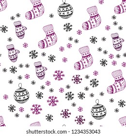 Dark Pink vector seamless cover with beautiful snowflakes, balls, socks, mittens. Shining colorful illustration in christmas style. Template for business cards, websites.
