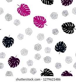 Dark Pink vector seamless doodle backdrop with flowers, leaves. Sketchy doodles on white background. Pattern for design of fabric, wallpapers.