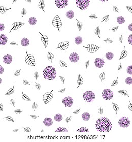 Dark Pink vector seamless doodle layout with leaves, flowers. Leaves, flowers in doodle style on white background. Design for textile, fabric, wallpapers.