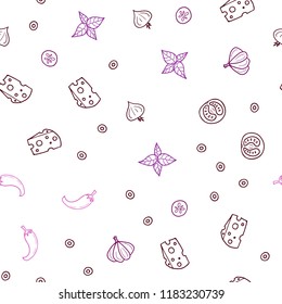 Dark Pink vector seamless layout with restaurant food. Blurred decorative design of snacks in doodle style. Design for ad, poster, banner of cafes or restaurants.