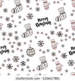 Dark Pink vector seamless layout with bright snowflakes, balls, socks, mittens. Colorful illustration with xmas symbols. Design for wallpaper, fabric makers.