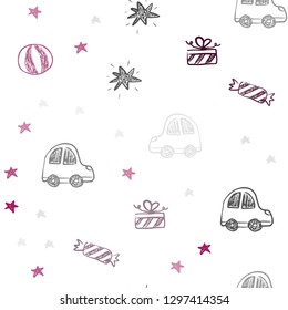 Dark Pink vector seamless layout in new year style. Colorful illustration with a toy car, baloon, candy, star, ball. Template for new year postcards.