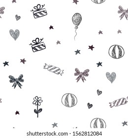 Dark Pink vector seamless template in carnival style. Design in xmas style with aheart, baloon, candy, gift, star, ribbon. Design for holiday adverts.