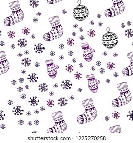 Dark Pink vector seamless texture with colored snowflakes, balls, socks, mittens. Colorful xmas elements with gradient. Pattern for design of fabric, wallpapers.