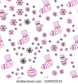 Dark Pink vector seamless texture with colored snowflakes, balls, socks, mittens. Colorful illustration with xmas symbols. Texture for window blinds, curtains.