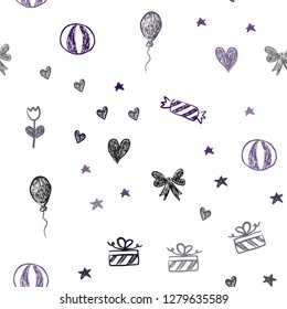 Dark Pink vector seamless texture in birthday style. Abstract illustration with aheart, baloon, candy, gift, star, ribbon. Design for colorful commercials.