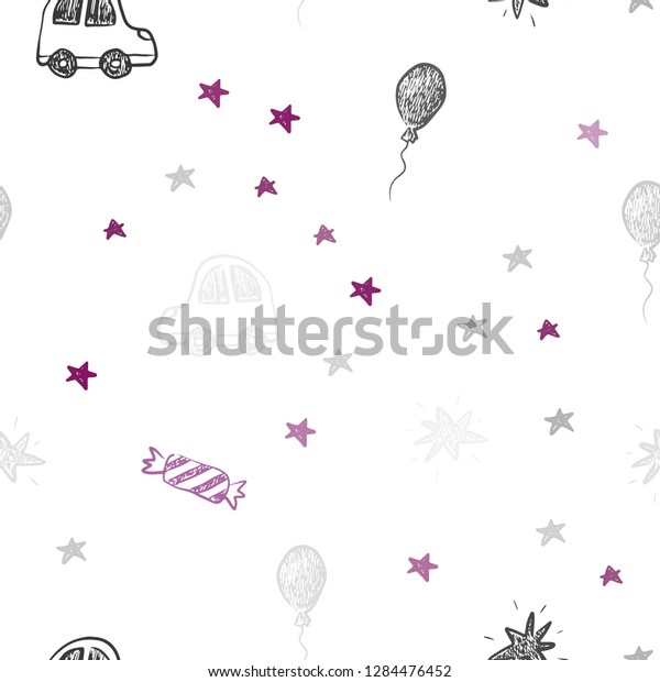 Dark Pink vector seamless texture in\
birthday style. Illustration with a colorful toy car, baloon,\
candy, star, ball. Design for colorful\
commercials.