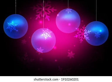 Dunkelrosa Vektorvorlage im Karneval-Stil. Design im Weihnachtsstil mit Weihnachtsbällen, Schneeflocken. Kluges Design für die Förderung der Universität.