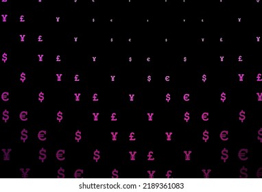 Dark pink vector template with EUR, USD, GBP, JPY. Illustration with dollar, USD, usa signs on white template. The pattern can be used for financial, investment websites.