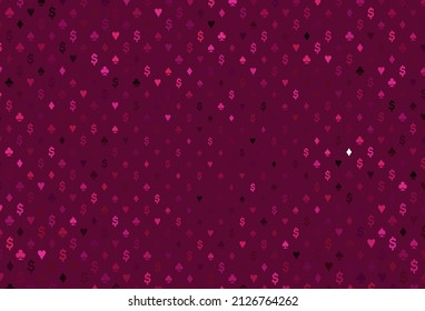 Plantilla de vector rosa oscuro con símbolos de póquer. Gradiente colorido con signos de corazones, espadas, palos, diamantes. Diseño de anuncios, afiches, banner de sitios web de apuestas.