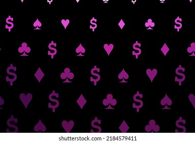 Plantilla de vector rosa oscuro con símbolos de póquer. Esbozo abstracto brillante con símbolos aislados de cartas de juego. Diseño inteligente para su anuncio comercial de casinos.