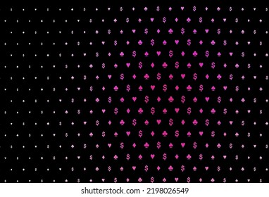 Dark pink vector template with poker symbols. Shining illustration with hearts, spades, clubs, diamonds. Template for business cards of casinos.