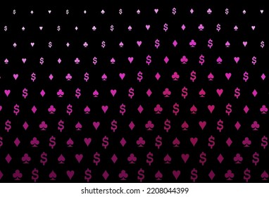 Dark pink vector template with poker symbols. Shining illustration with hearts, spades, clubs, diamonds. Pattern for ads of parties, events in Vegas.