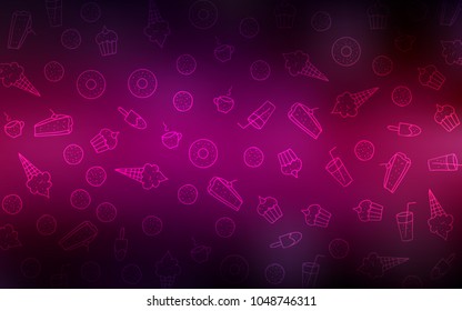 Dark Pink vector template with sweet snacks. Confections on blurred abstract background with colorful gradient. Pattern for ads of breakfast, lunch, dinner.