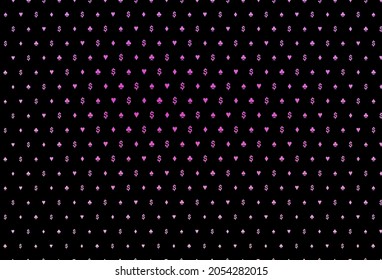 Dark pink vector texture with playing cards. Colorful gradient with signs of hearts, spades, clubs, diamonds. Smart design for your business advert of casinos.