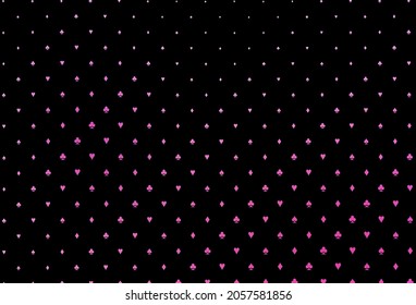 Dark pink vector texture with playing cards. Shining illustration with hearts, spades, clubs, diamonds. Pattern for booklets, leaflets of gambling houses.