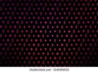 Dark pink vector texture with playing cards. Colorful gradient with signs of hearts, spades, clubs, diamonds. Smart design for your business advert of casinos.