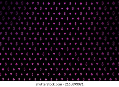 Dark pink vector texture with playing cards. Colorful gradient with signs of hearts, spades, clubs, diamonds. Design for ad, poster, banner of gambling websites.