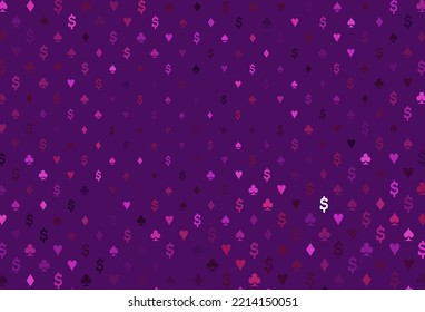 Dark pink vector texture with playing cards. Shining illustration with hearts, spades, clubs, diamonds. Pattern for booklets, leaflets of gambling houses.