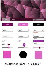 Dark Pink vector ui kit in polygonal style. Web ui kit with abstract gradient triangles in its header. This template you can use for websites.
