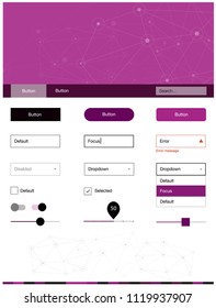 Dark Pink vector ui ux kit in triangular style with circles. Web ui kit with abstract triangles, circles in its header. This template you can use for websites.