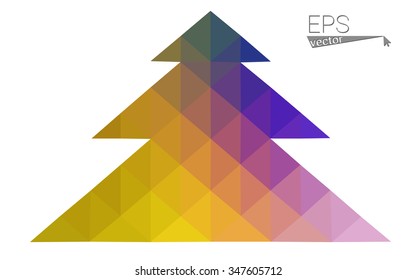 Dark pink, yellow low poly style christmas tree vector illustration consisting of triangles. Abstract triangular poly origami or crystal design of New Years celebration. Isolated on white background