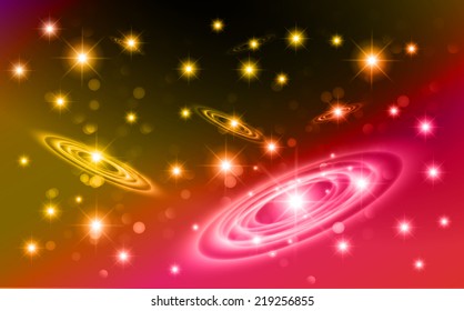 Dark pink yellow sparkling background with stars in the sky and blurry lights, illustration. Abstract, Universe, Galaxies, ring. 