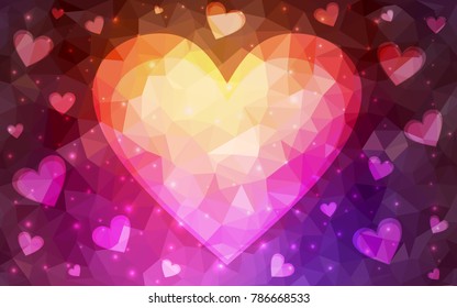 Dark Pink, Yellow vector abstract Triangle Geometrical Heart on white polygonal background. Happy Valentine's Day Greeting Card. Stock template for your design.