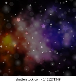 Dark Pink, Yellow vector backdrop with circles, stars. Abstract illustration with colorful spots, stars. Pattern for design of fabric, wallpapers.