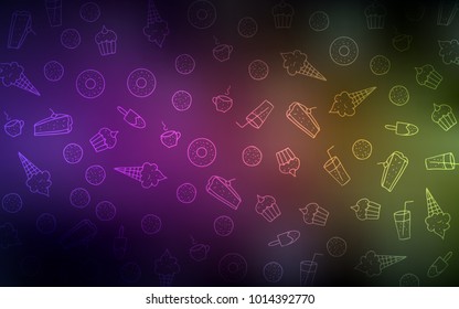 Dark Pink, Yellow vector background with tasty sweets. Blurred decorative design of desserts in doodle style. Pattern for ads of breakfast, lunch, dinner.