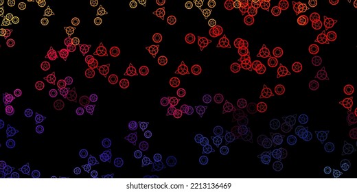 Fondo vector amarillo rosado oscuro con símbolos ocultos. Ilustración vintage colorida con formas de alquimia de degradado. Mejor diseño de eventos de halloween.