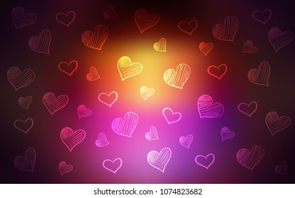 Dark Pink, Yellow vector cover with Shining hearts. Glitter abstract illustration with colorful hearts in romantic style. Pattern for carnival, festival romantic leaflets.