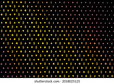 Dark pink, yellow vector cover with symbols of gamble. Illustration with set of hearts, spades, clubs, diamonds. Design for ad, poster, banner of gambling websites.