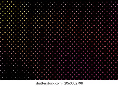 Dark pink, yellow vector cover with symbols of gamble. Colorful gradient with signs of hearts, spades, clubs, diamonds. Design for ad, poster, banner of gambling websites.