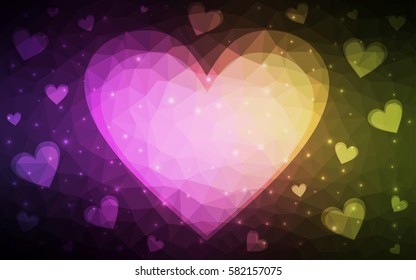 Dark Pink, Yellow vector love background with heart. Paper note. Valentine's greeting polygonal card. Triangular illustration for your business. Stock template for your design.