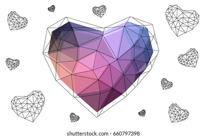 Dark Pink, Yellow vector love background with heart. Paper note. Valentine's greeting polygonal card. Triangular illustration for your business. Stock template for your design.