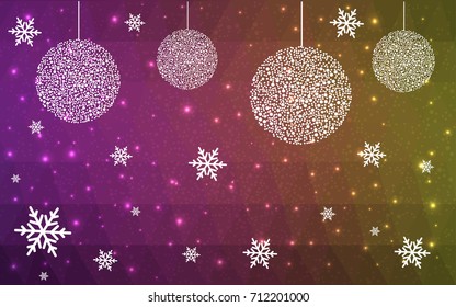 Dark Pink Yellow vector low poly crystal background with snowflakes. Polygon christmas design pattern . Low poly illustration of New Year celebration.